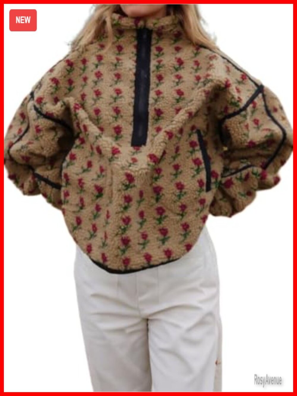 Floral Fleece Sweatshirt Half Zip Turtleneck Sherpa Pullover Coat